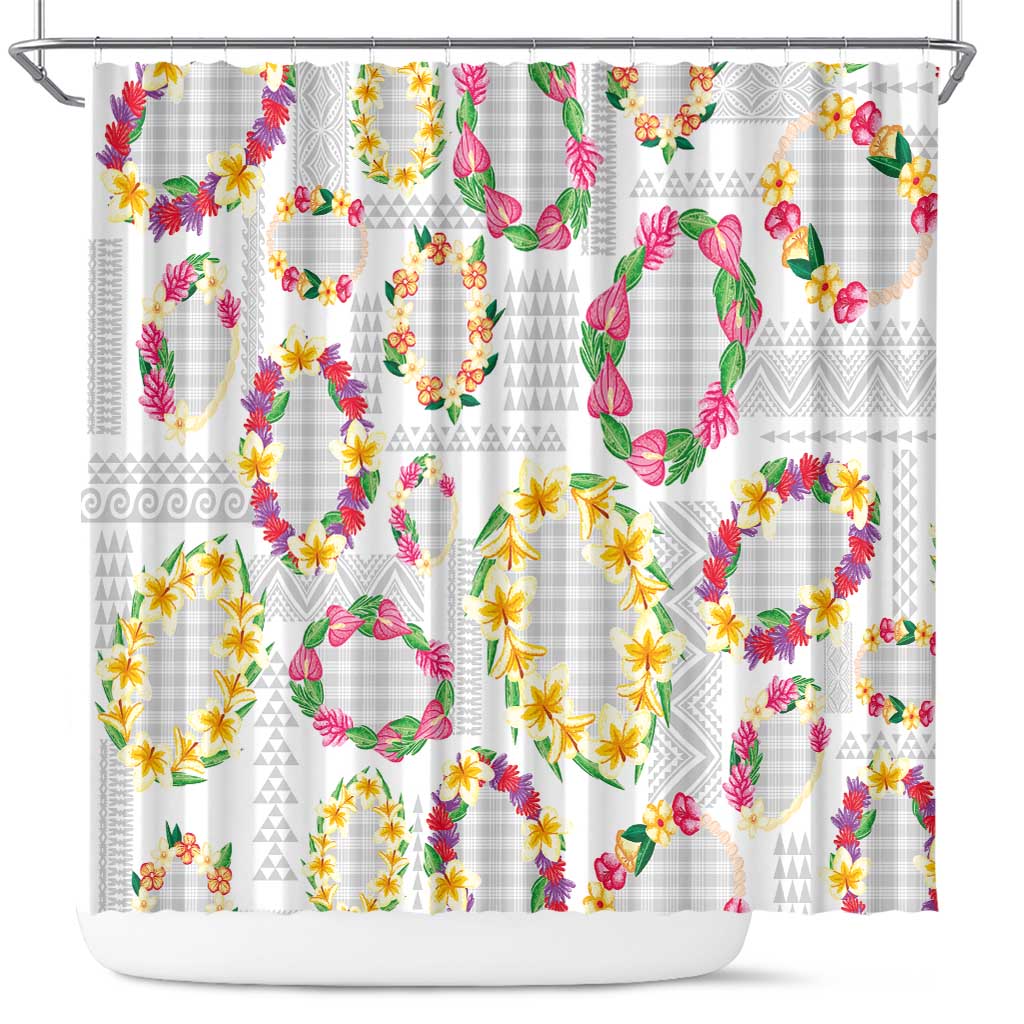 Hawaiian Kakau Tattoo Leis and Palaka Pattern Shower Curtain Traditional Aloha Tribal White Color LT03 White - Polynesian Pride