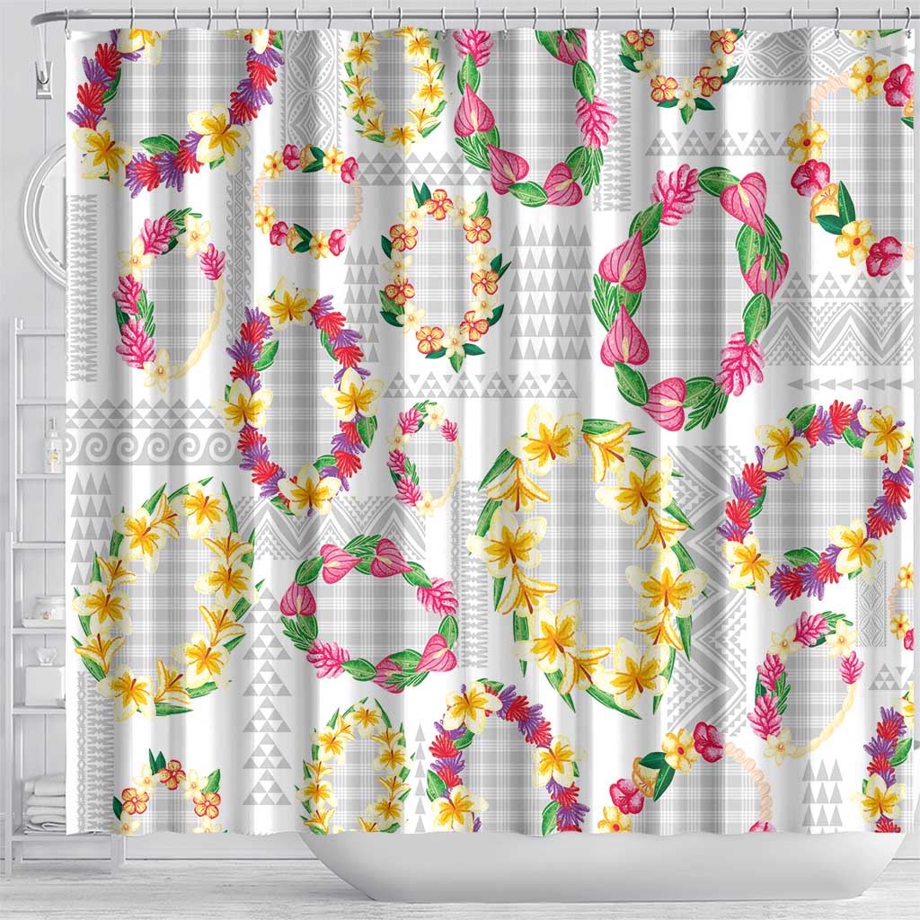 Hawaiian Kakau Tattoo Leis and Palaka Pattern Shower Curtain Traditional Aloha Tribal White Color LT03 - Polynesian Pride