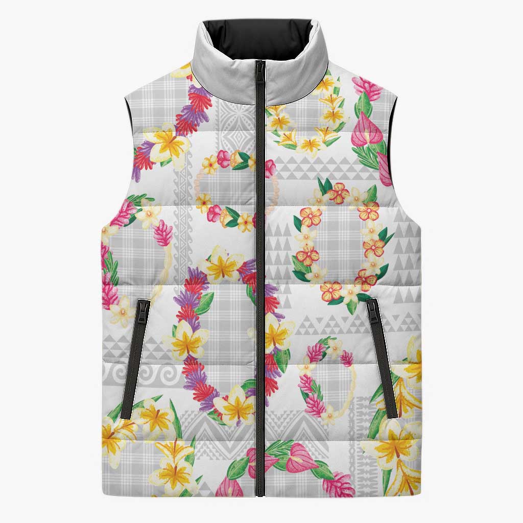 Hawaiian Kakau Tattoo Leis and Palaka Pattern Sleeveless Puffer Jacket Traditional Aloha Tribal White Color