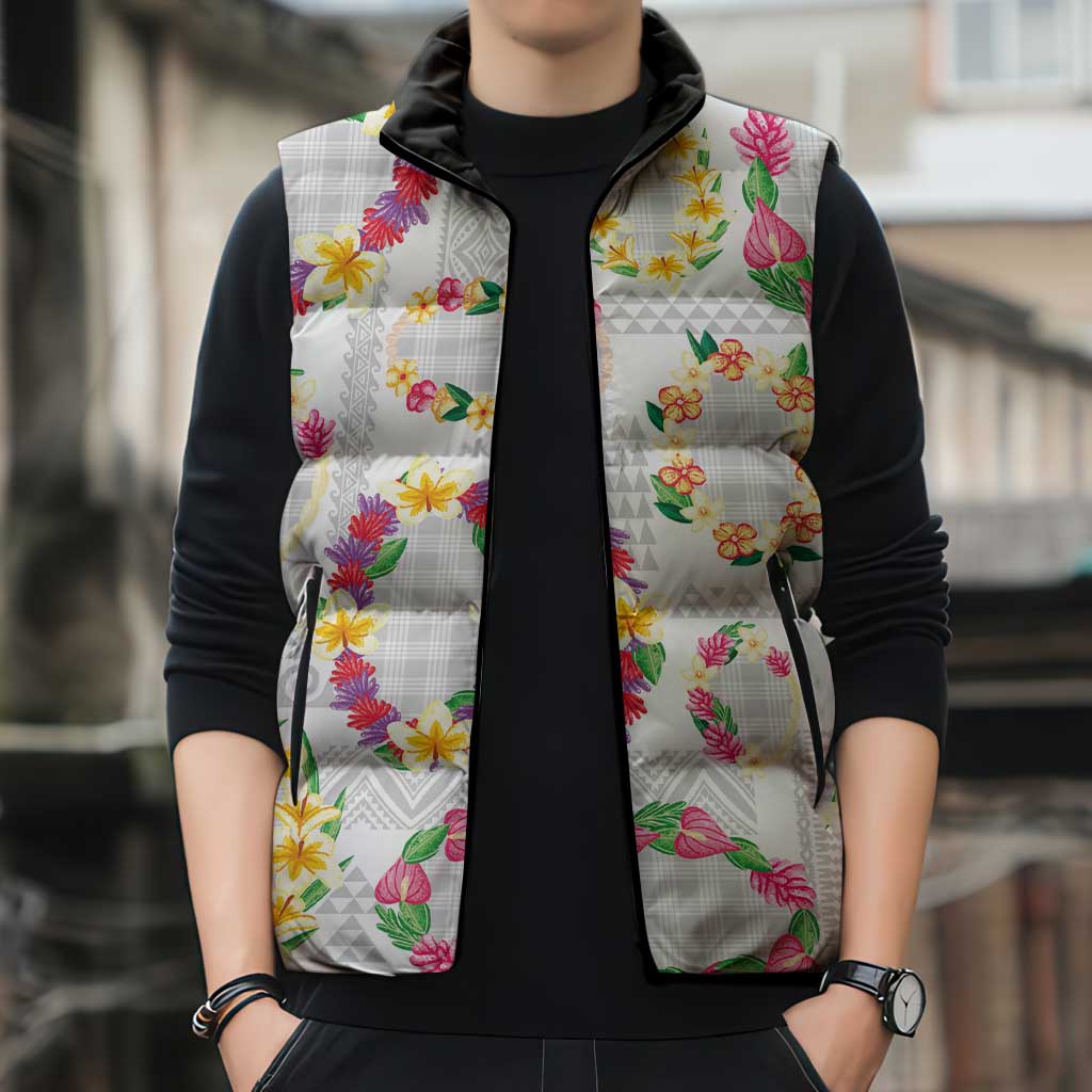 Hawaiian Kakau Tattoo Leis and Palaka Pattern Sleeveless Puffer Jacket Traditional Aloha Tribal White Color LT03 - Polynesian Pride