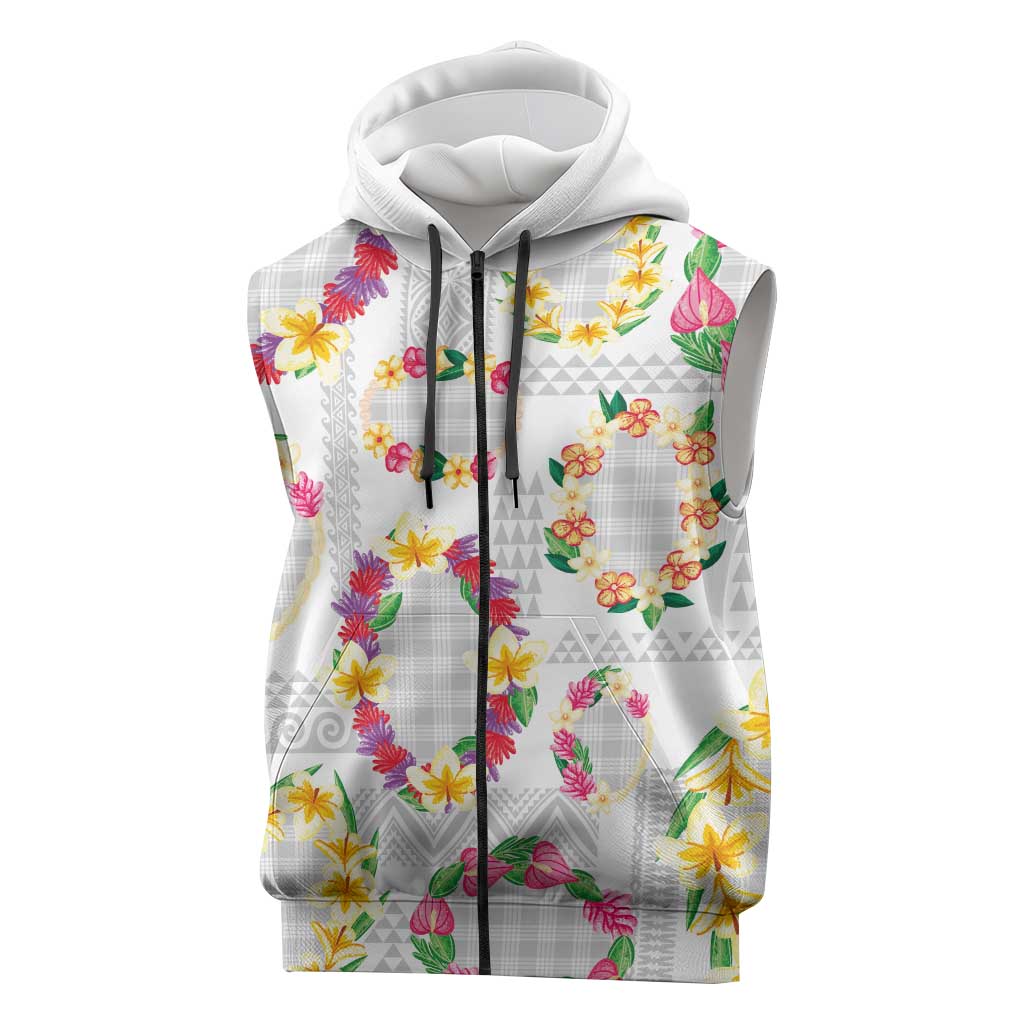 Hawaiian Kakau Tattoo Leis and Palaka Pattern Sleeveless Zip Hoodie Traditional Aloha Tribal White Color LT03 White - Polynesian Pride