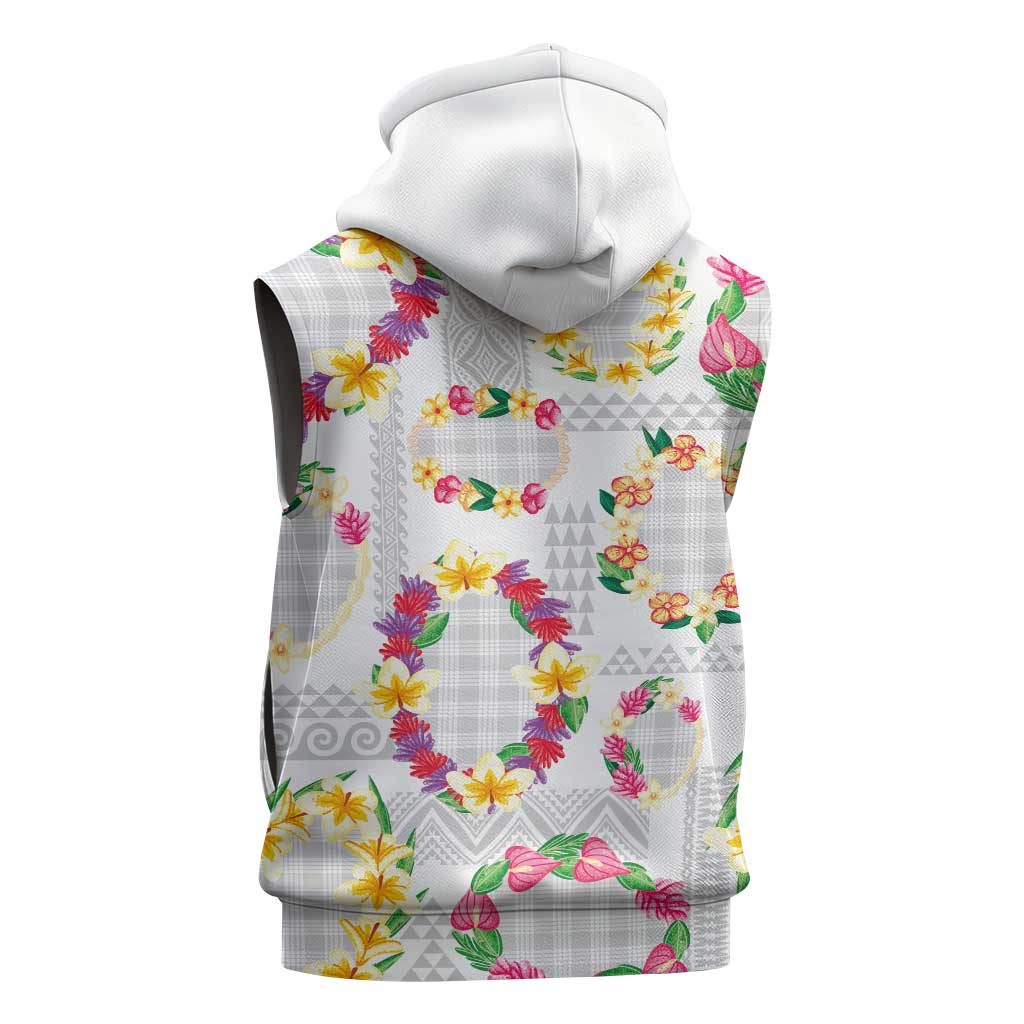 Hawaiian Kakau Tattoo Leis and Palaka Pattern Sleeveless Zip Hoodie Traditional Aloha Tribal White Color LT03 - Polynesian Pride