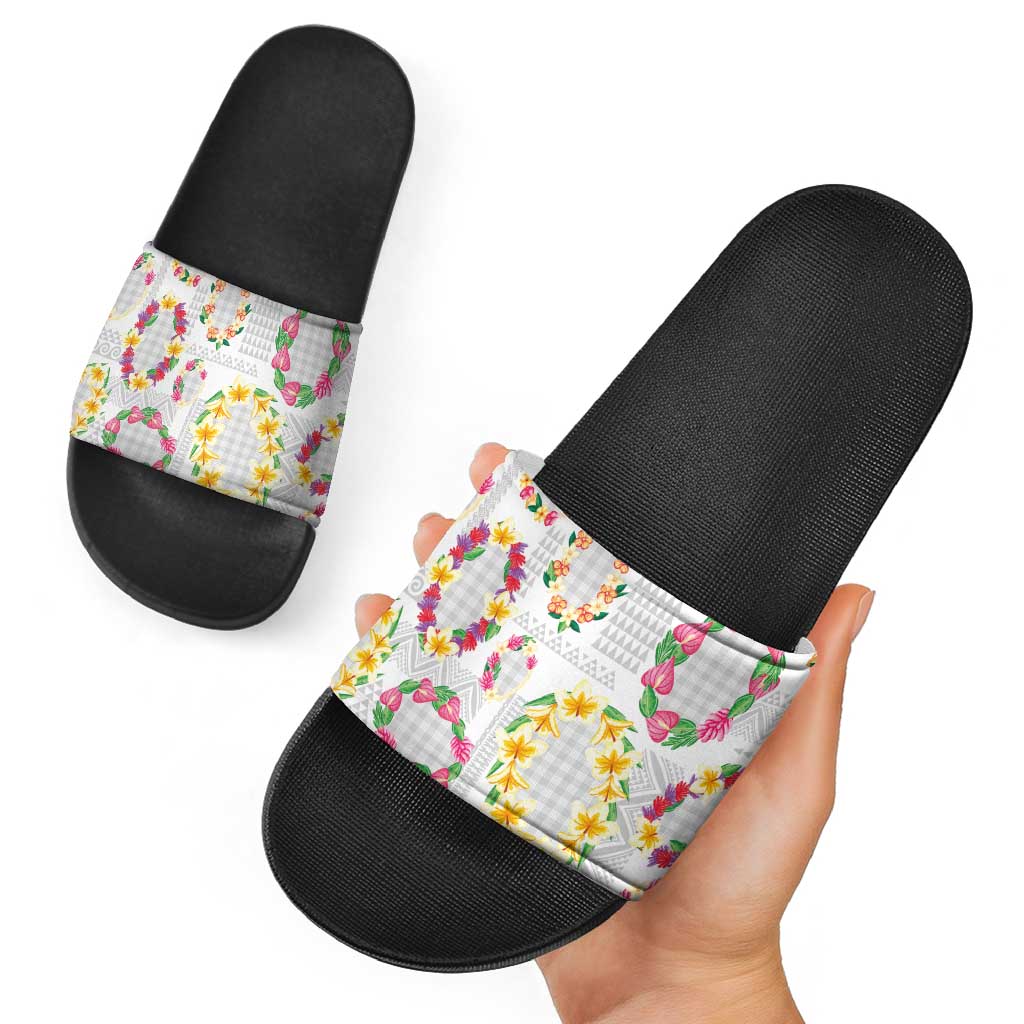 Hawaiian Kakau Tattoo Leis and Palaka Pattern Slide Sandals Traditional Aloha Tribal White Color LT03 - Polynesian Pride