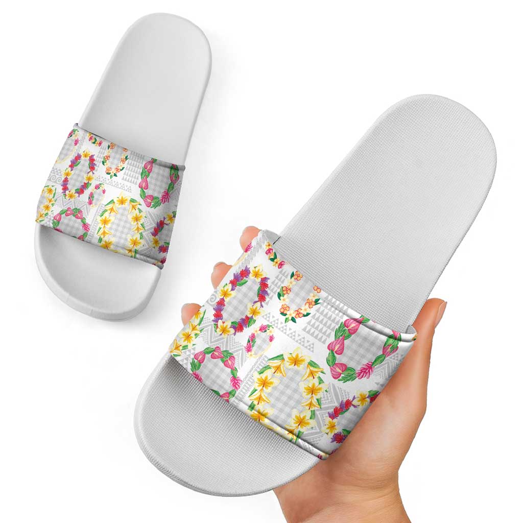 Hawaiian Kakau Tattoo Leis and Palaka Pattern Slide Sandals Traditional Aloha Tribal White Color LT03 - Polynesian Pride