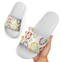 Hawaiian Kakau Tattoo Leis and Palaka Pattern Slide Sandals Traditional Aloha Tribal White Color LT03 - Polynesian Pride