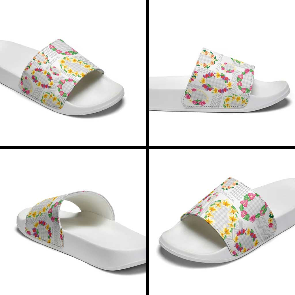 Hawaiian Kakau Tattoo Leis and Palaka Pattern Slide Sandals Traditional Aloha Tribal White Color LT03 - Polynesian Pride