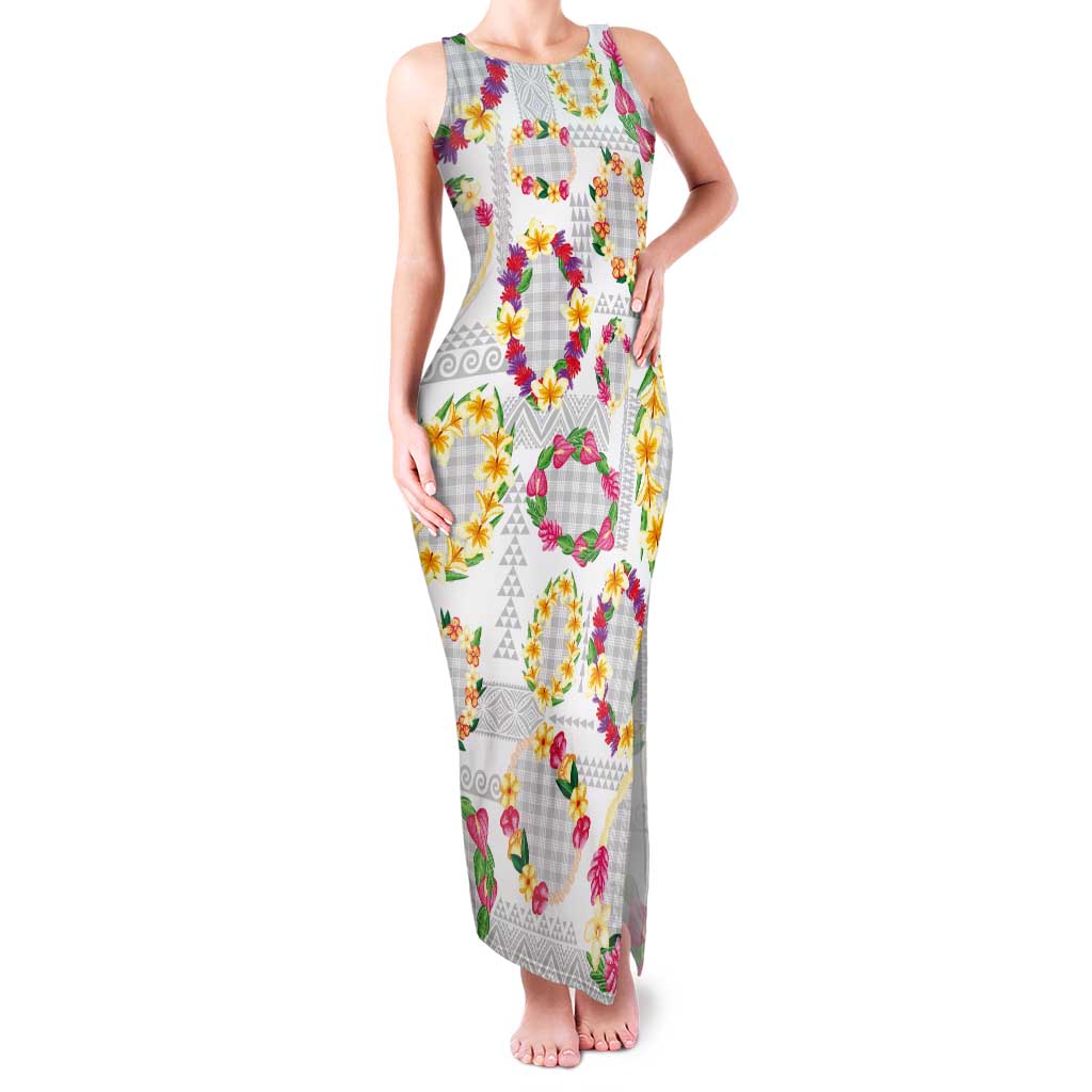 Hawaiian Kakau Tattoo Leis and Palaka Pattern Tank Maxi Dress Traditional Aloha Tribal White Color LT03 Women White - Polynesian Pride