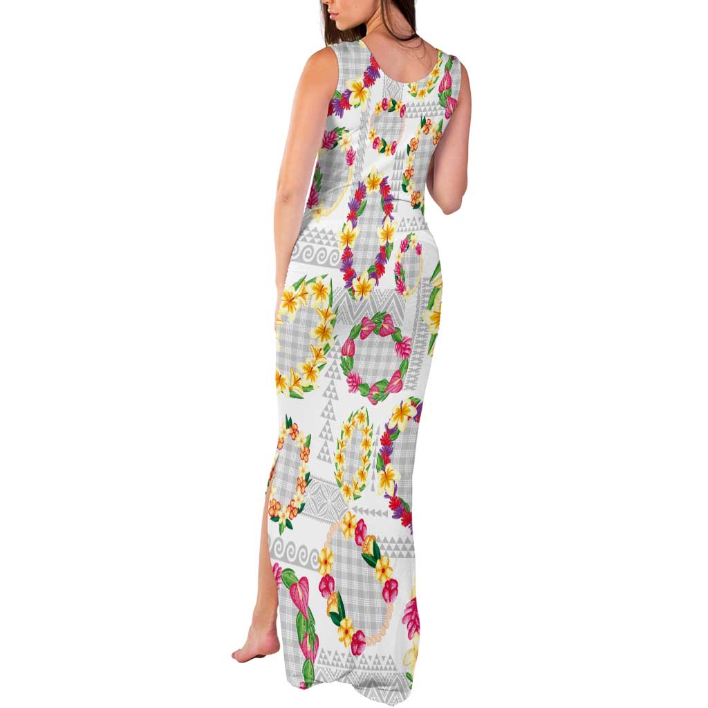 Hawaiian Kakau Tattoo Leis and Palaka Pattern Tank Maxi Dress Traditional Aloha Tribal White Color LT03 - Polynesian Pride