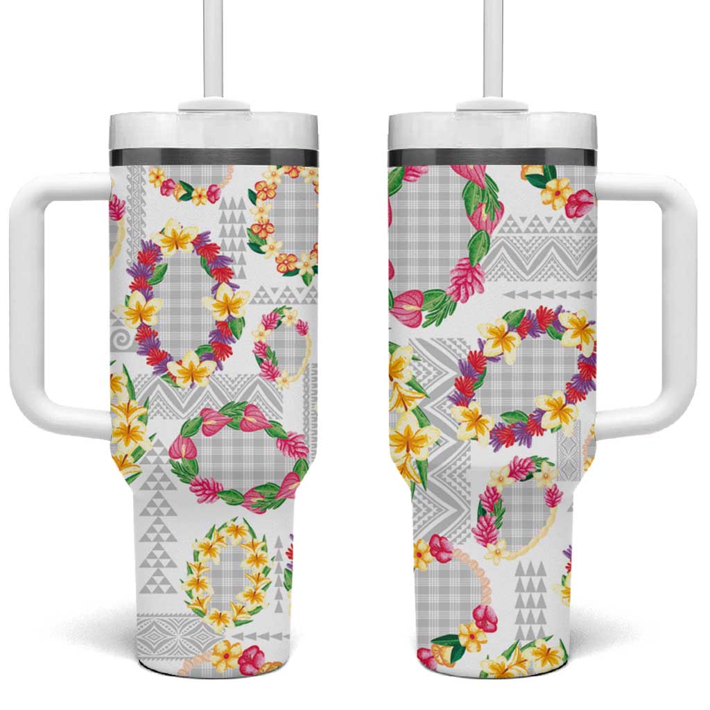 Hawaiian Kakau Tattoo Leis and Palaka Pattern Tumbler With Handle Traditional Aloha Tribal White Color LT03 One Size: 40 oz White - Polynesian Pride