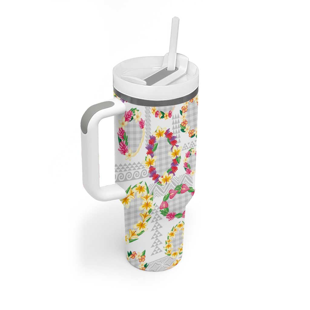 Hawaiian Kakau Tattoo Leis and Palaka Pattern Tumbler With Handle Traditional Aloha Tribal White Color LT03 - Polynesian Pride