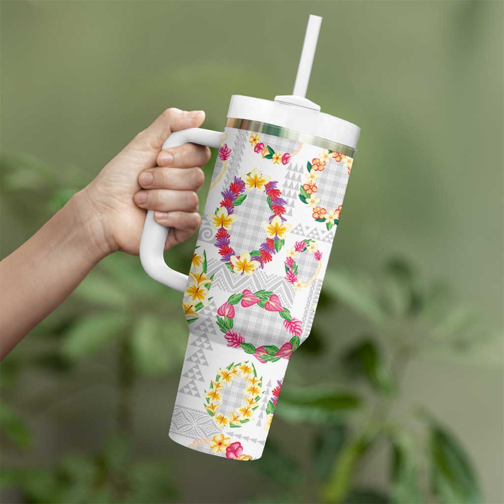 Hawaiian Kakau Tattoo Leis and Palaka Pattern Tumbler With Handle Traditional Aloha Tribal White Color LT03 - Polynesian Pride