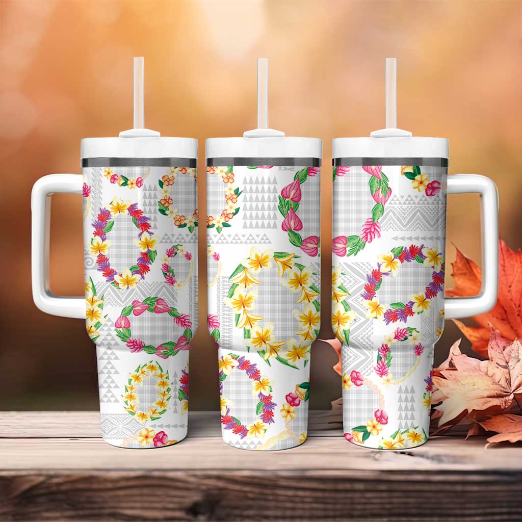 Hawaiian Kakau Tattoo Leis and Palaka Pattern Tumbler With Handle Traditional Aloha Tribal White Color LT03 - Polynesian Pride