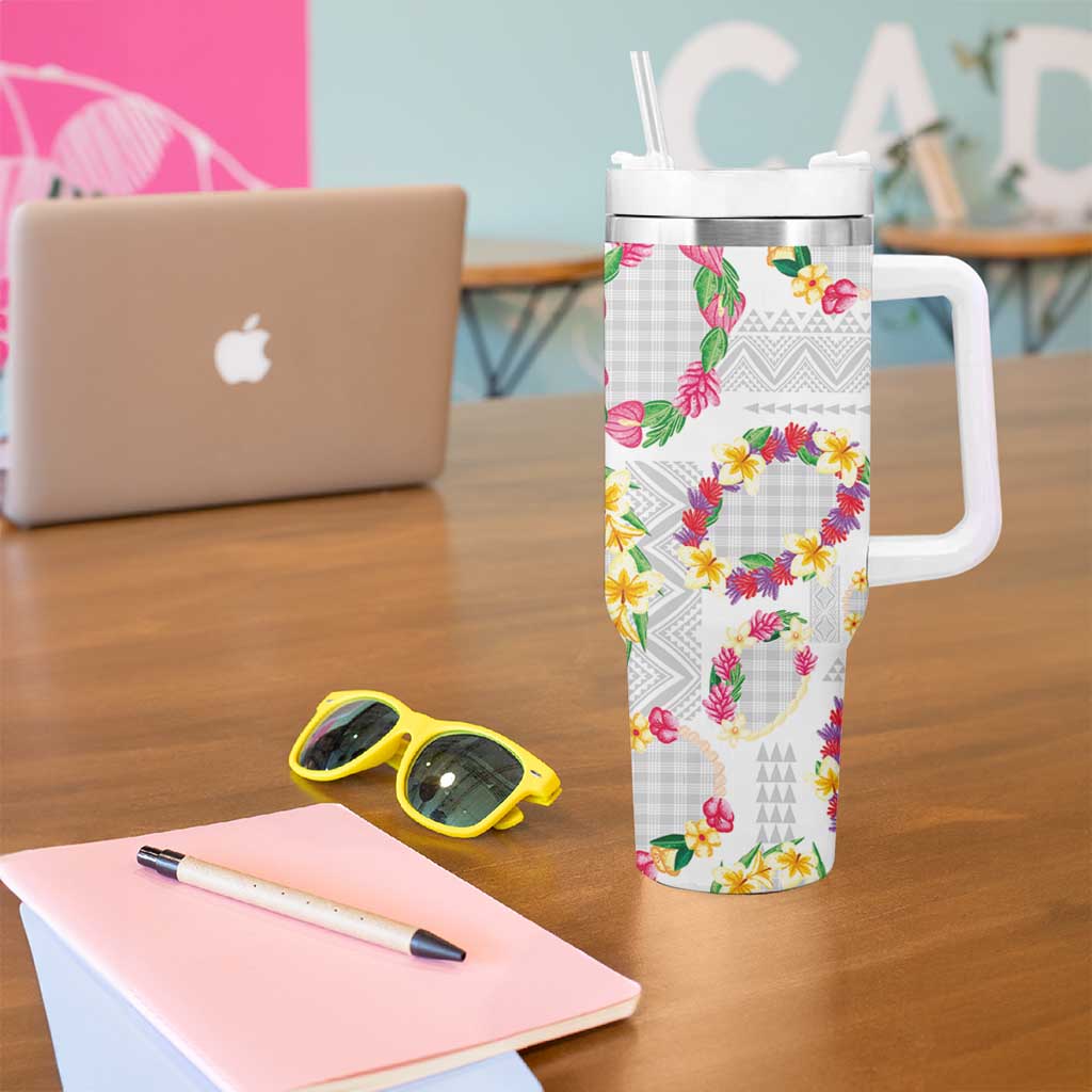 Hawaiian Kakau Tattoo Leis and Palaka Pattern Tumbler With Handle Traditional Aloha Tribal White Color LT03 - Polynesian Pride