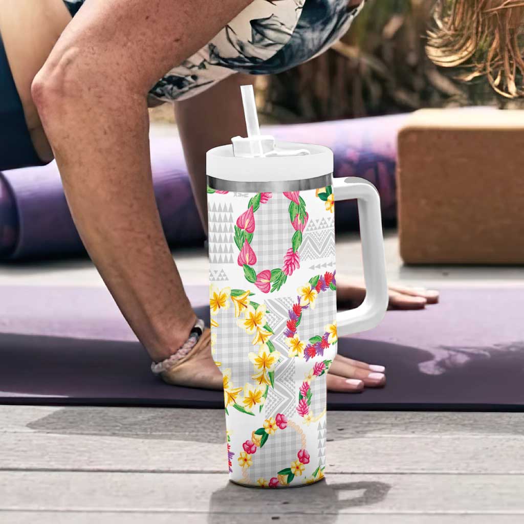 Hawaiian Kakau Tattoo Leis and Palaka Pattern Tumbler With Handle Traditional Aloha Tribal White Color LT03 - Polynesian Pride