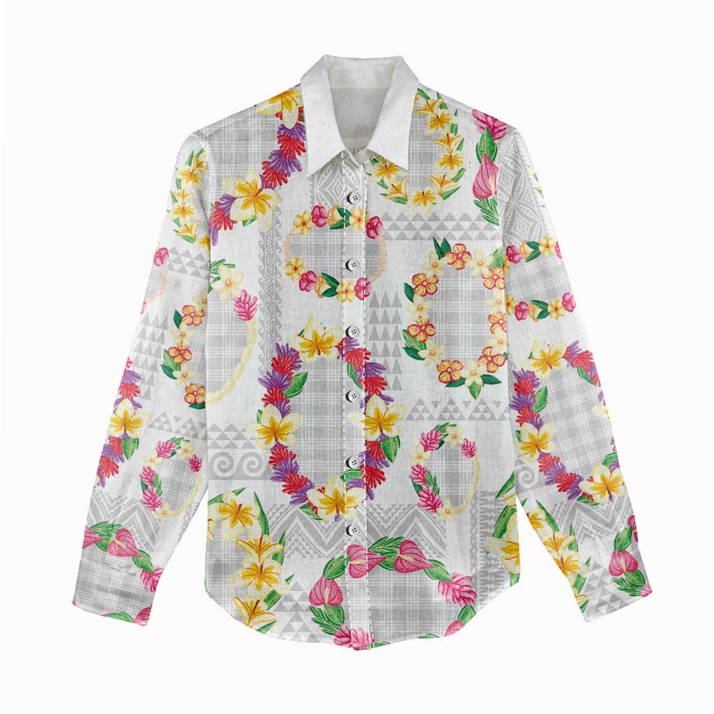 Hawaiian Kakau Tattoo Leis and Palaka Pattern Women Casual Shirt Traditional Aloha Tribal White Color LT03 - Polynesian Pride