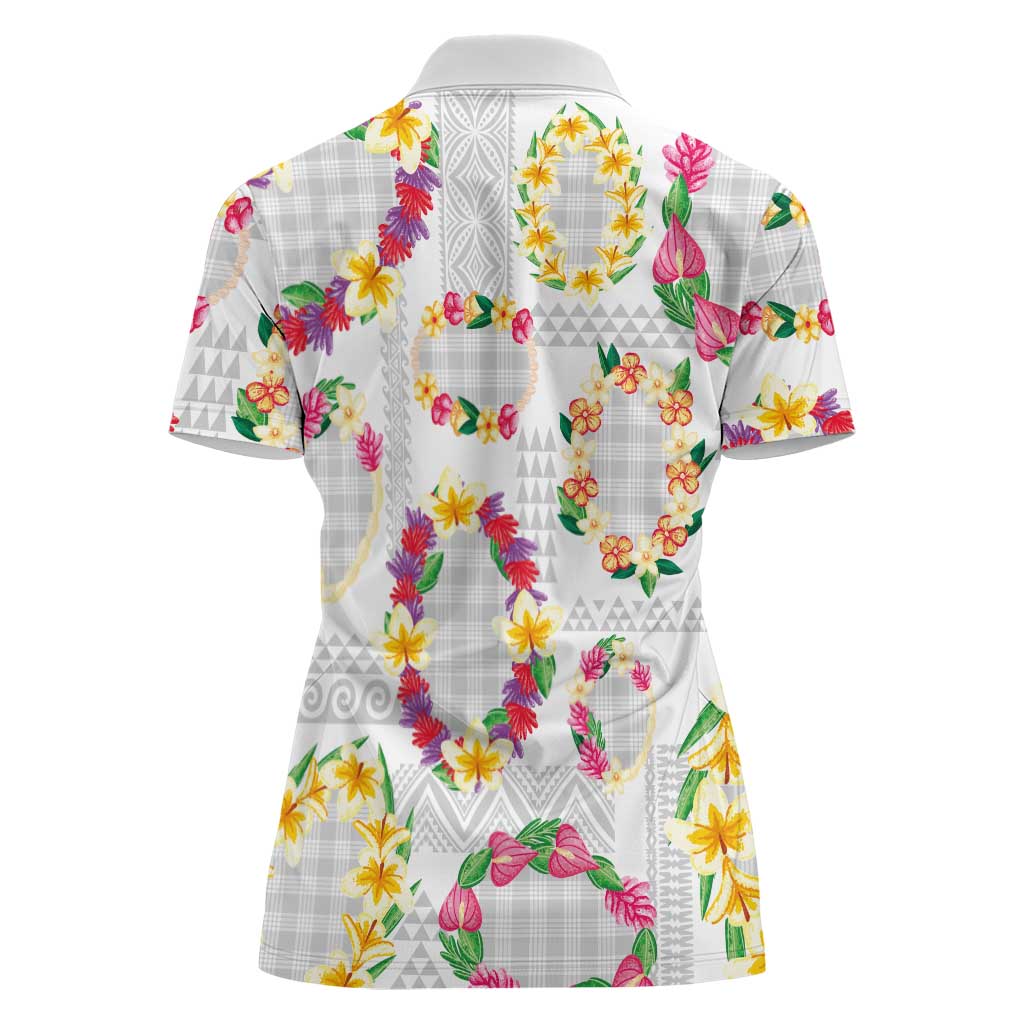 Hawaiian Kakau Tattoo Leis and Palaka Pattern Women Polo Shirt Traditional Aloha Tribal White Color LT03 - Polynesian Pride