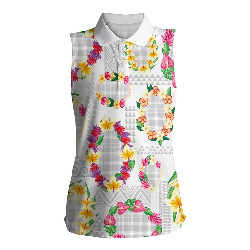 Hawaiian Kakau Tattoo Leis and Palaka Pattern Women Sleeveless Polo Shirt Traditional Aloha Tribal White Color
