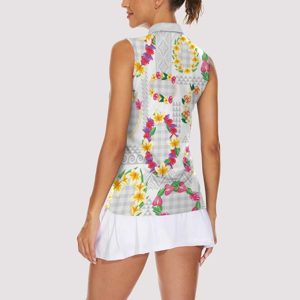Hawaiian Kakau Tattoo Leis and Palaka Pattern Women Sleeveless Polo Shirt Traditional Aloha Tribal White Color LT03 - Polynesian Pride