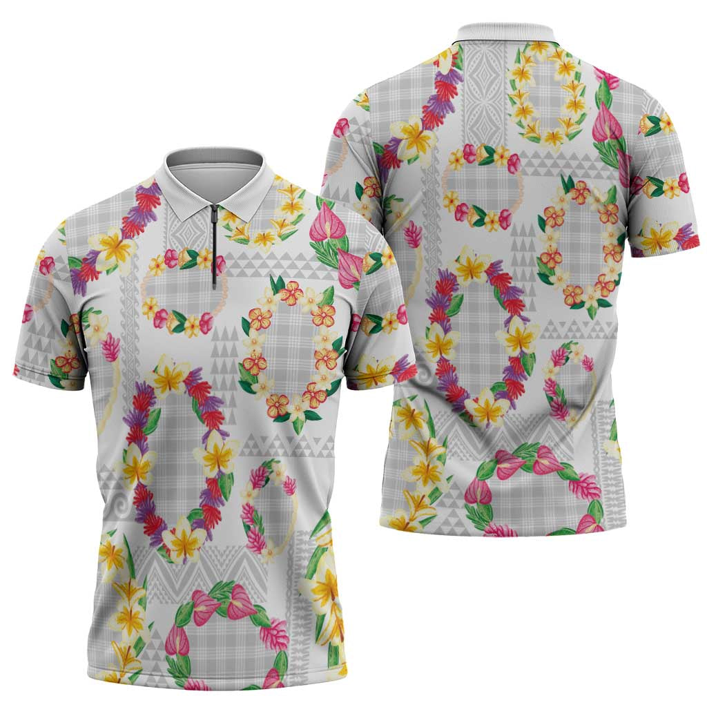 Hawaiian Kakau Tattoo Leis and Palaka Pattern Zipper Polo Shirt Traditional Aloha Tribal White Color LT03 - Polynesian Pride