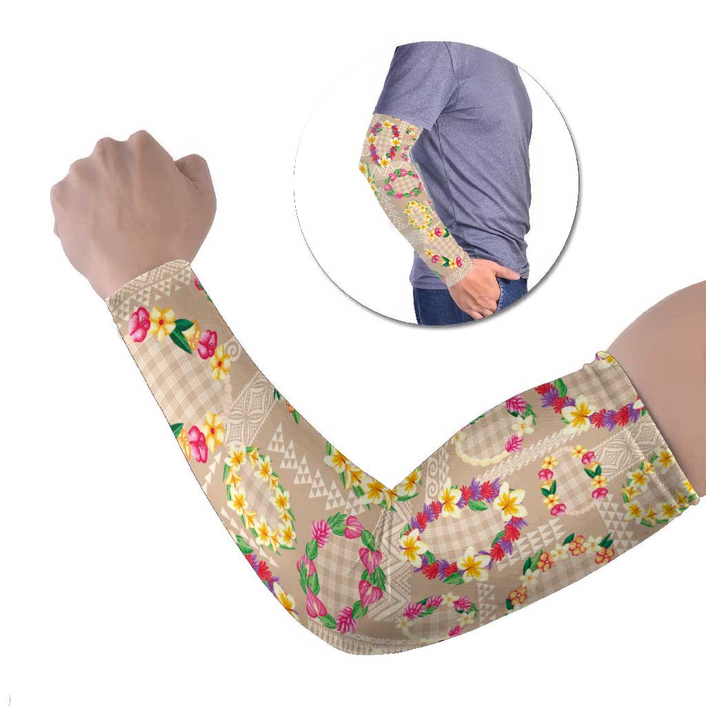 Hawaiian Kakau Tattoo Leis and Palaka Pattern Arm Sleeves Traditional Aloha Tribal Beige Color