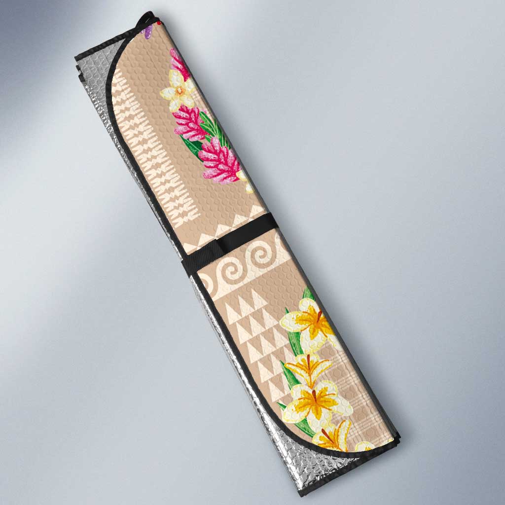 Hawaiian Kakau Tattoo Leis and Palaka Pattern Auto Sun Shade Traditional Aloha Tribal Beige Color LT03 - Polynesian Pride
