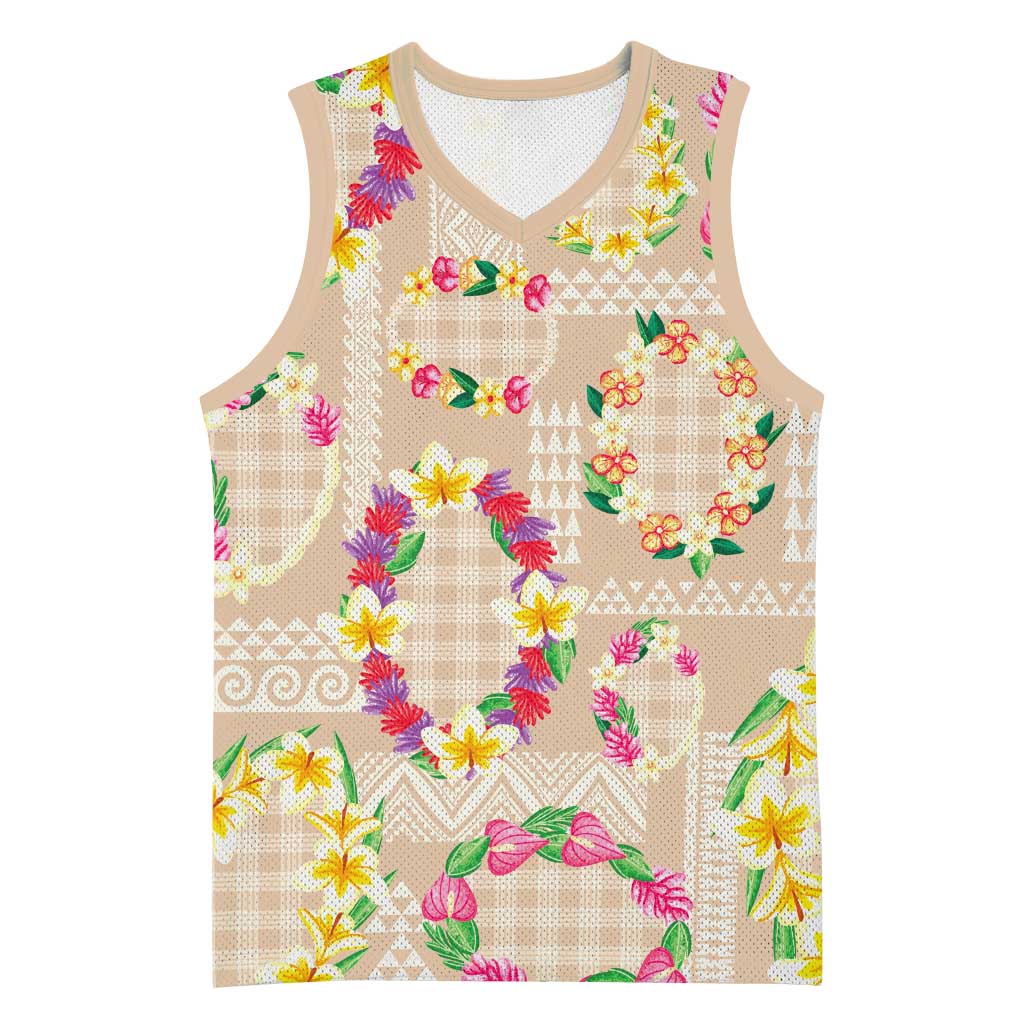 Hawaiian Kakau Tattoo Leis and Palaka Pattern Basketball Jersey Traditional Aloha Tribal Beige Color LT03 Unisex Beige - Polynesian Pride