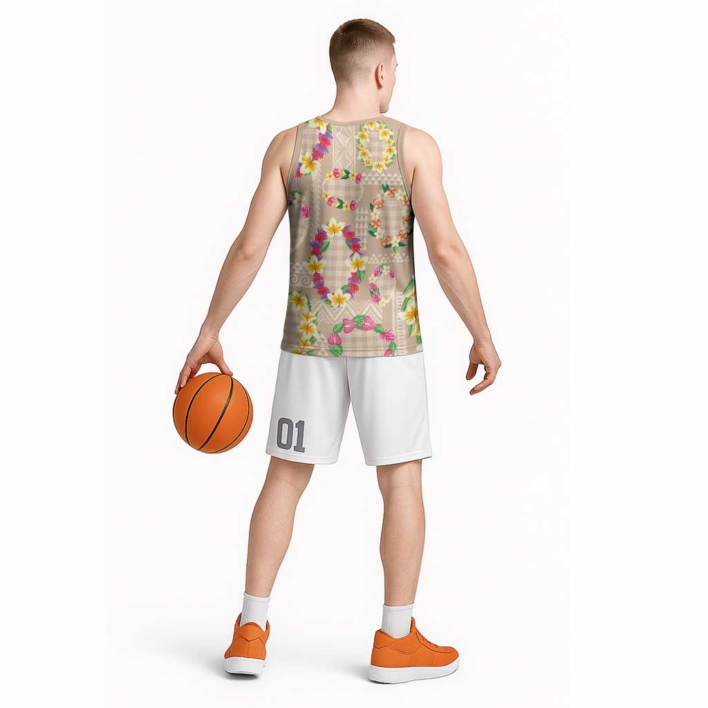 Hawaiian Kakau Tattoo Leis and Palaka Pattern Basketball Jersey Traditional Aloha Tribal Beige Color LT03 - Polynesian Pride