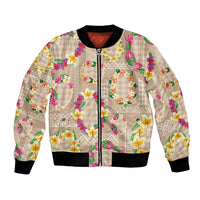 Hawaiian Kakau Tattoo Leis and Palaka Pattern Bomber Jacket Traditional Aloha Tribal Beige Color LT03 Unisex Beige - Polynesian Pride