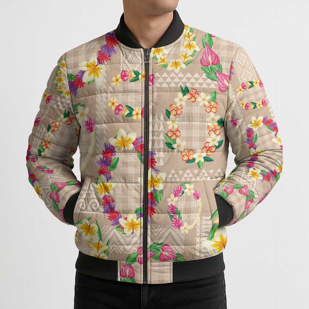 Hawaiian Kakau Tattoo Leis and Palaka Pattern Bomber Puffer Jacket Traditional Aloha Tribal Beige Color LT03 - Polynesian Pride