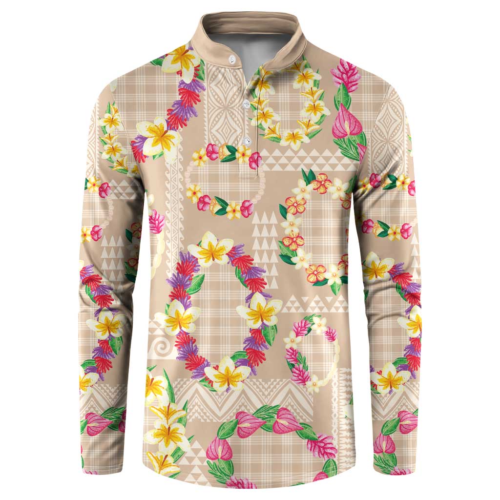 Hawaiian Kakau Tattoo Leis and Palaka Pattern Button Sweatshirt Traditional Aloha Tribal Beige Color LT03 Beige - Polynesian Pride