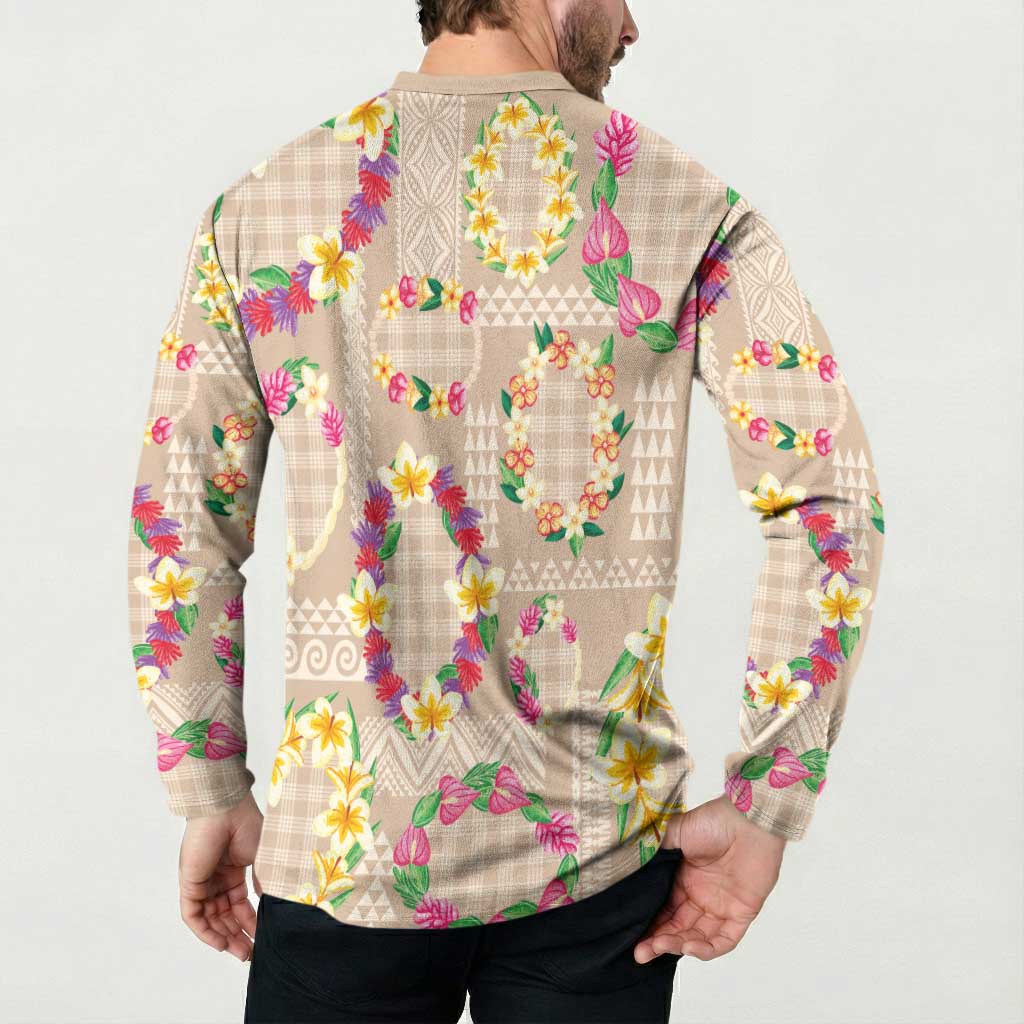 Hawaiian Kakau Tattoo Leis and Palaka Pattern Button Sweatshirt Traditional Aloha Tribal Beige Color LT03 - Polynesian Pride