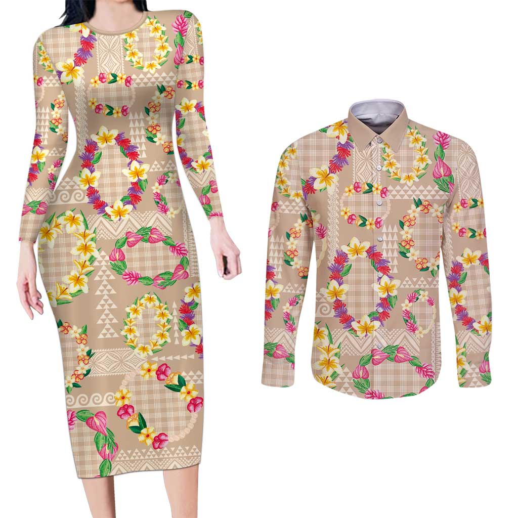 Hawaiian Kakau Tattoo Leis and Palaka Pattern Couples Matching Long Sleeve Bodycon Dress and Long Sleeve Button Shirt Traditional Aloha Tribal Beige Color LT03 Beige - Polynesian Pride
