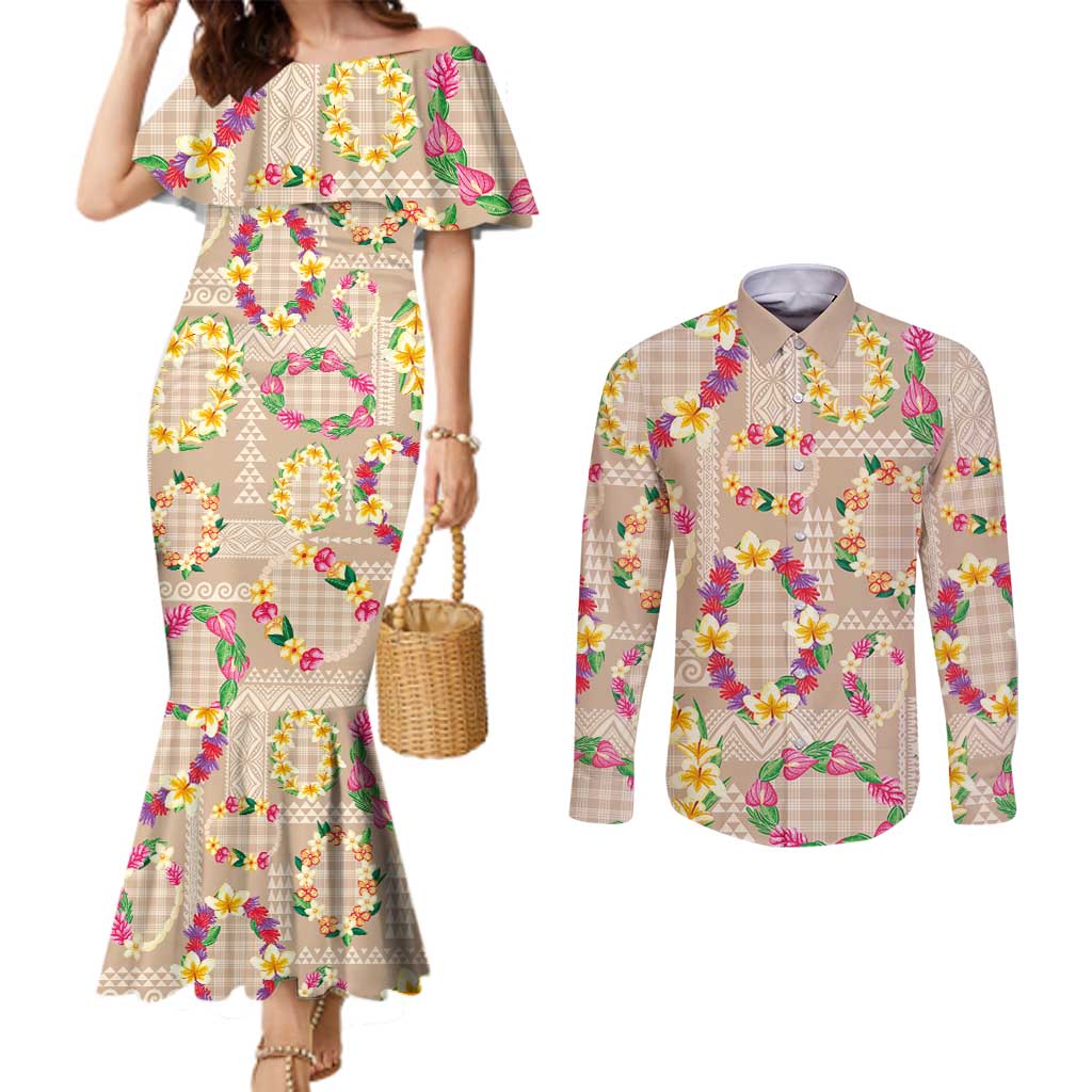 Hawaiian Kakau Tattoo Leis and Palaka Pattern Couples Matching Mermaid Dress and Long Sleeve Button Shirt Traditional Aloha Tribal Beige Color