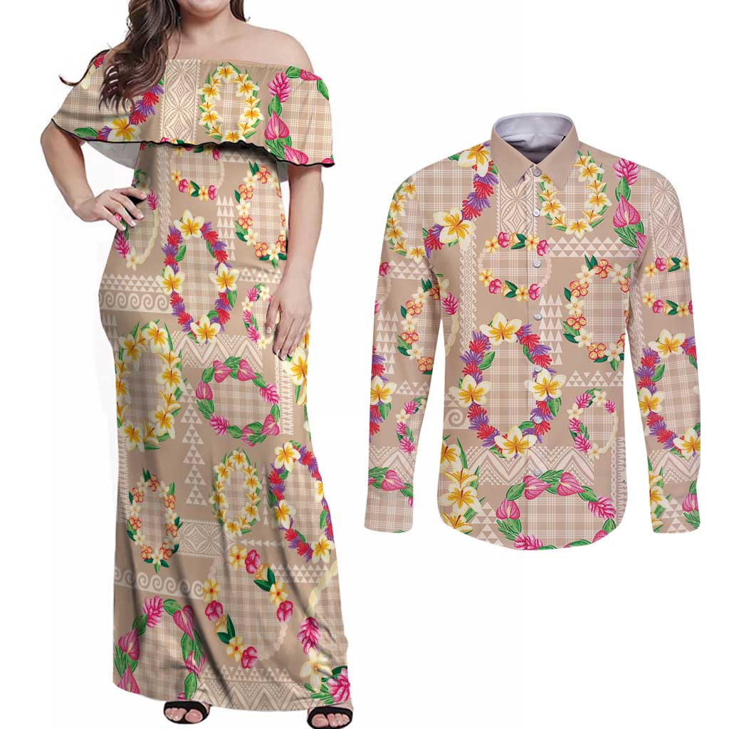 Hawaiian Kakau Tattoo Leis and Palaka Pattern Couples Matching Off Shoulder Maxi Dress and Long Sleeve Button Shirt Traditional Aloha Tribal Beige Color LT03 Beige - Polynesian Pride