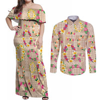 Hawaiian Kakau Tattoo Leis and Palaka Pattern Couples Matching Off Shoulder Maxi Dress and Long Sleeve Button Shirt Traditional Aloha Tribal Beige Color LT03 Beige - Polynesian Pride
