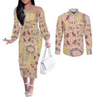Hawaiian Kakau Tattoo Leis and Palaka Pattern Couples Matching Off The Shoulder Long Sleeve Dress and Long Sleeve Button Shirt Traditional Aloha Tribal Beige Color LT03 Beige - Polynesian Pride