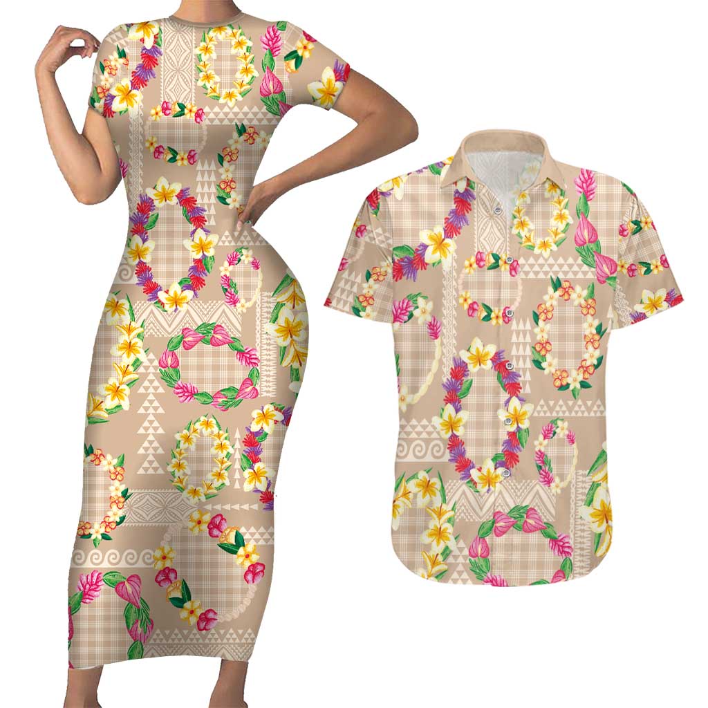 Hawaiian Kakau Tattoo Leis and Palaka Pattern Couples Matching Short Sleeve Bodycon Dress and Hawaiian Shirt Traditional Aloha Tribal Beige Color