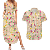 Hawaiian Kakau Tattoo Leis and Palaka Pattern Couples Matching Summer Maxi Dress and Hawaiian Shirt Traditional Aloha Tribal Beige Color LT03 Beige - Polynesian Pride