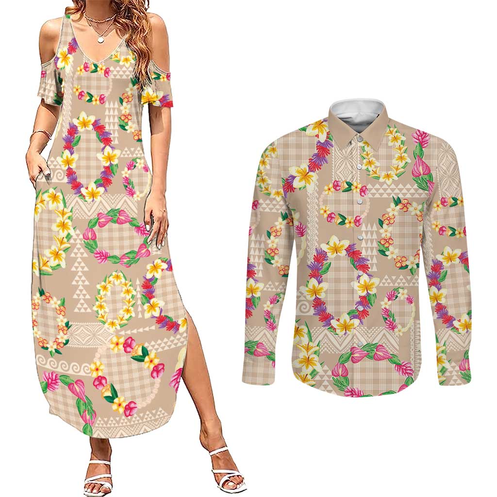 Hawaiian Kakau Tattoo Leis and Palaka Pattern Couples Matching Summer Maxi Dress and Long Sleeve Button Shirt Traditional Aloha Tribal Beige Color