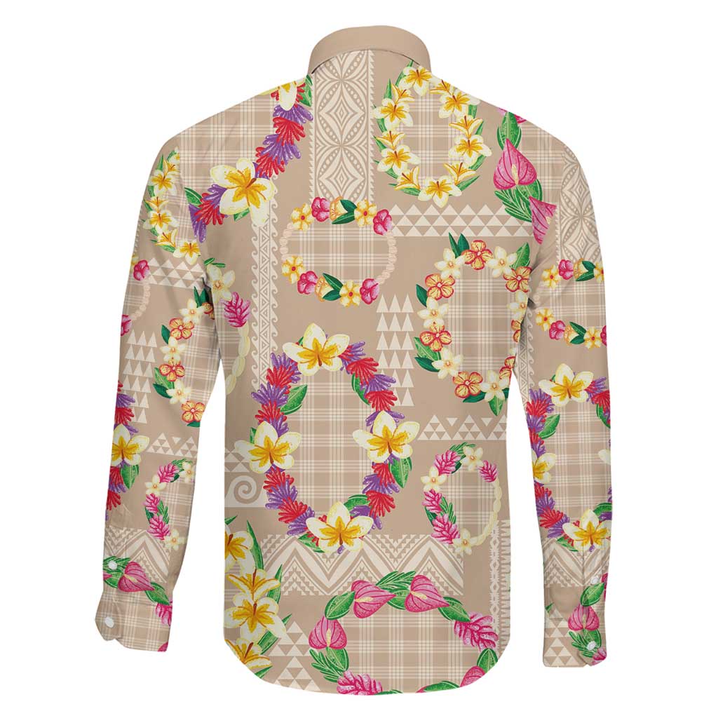 Hawaiian Kakau Tattoo Leis and Palaka Pattern Family Matching Long Sleeve Bodycon Dress and Hawaiian Shirt Traditional Aloha Tribal Beige Color LT03 - Polynesian Pride