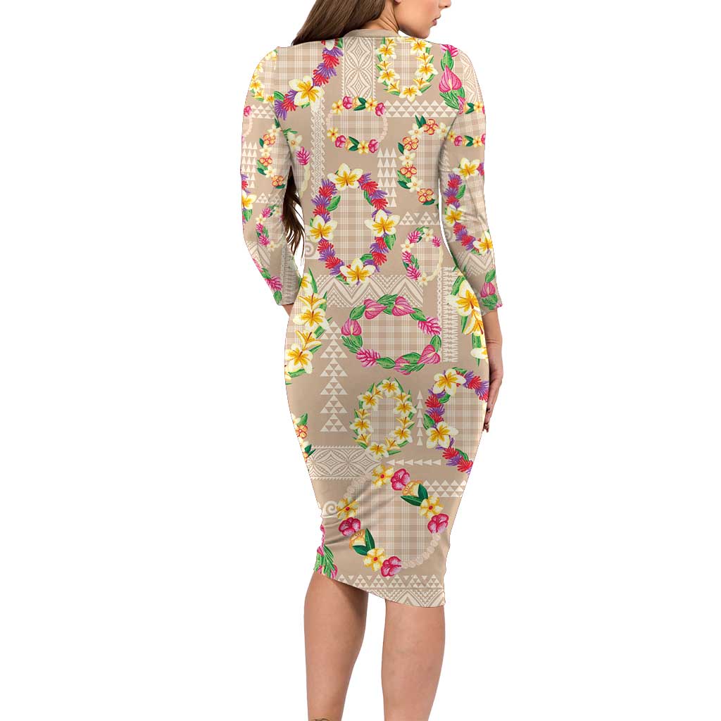 Hawaiian Kakau Tattoo Leis and Palaka Pattern Family Matching Long Sleeve Bodycon Dress and Hawaiian Shirt Traditional Aloha Tribal Beige Color LT03 - Polynesian Pride