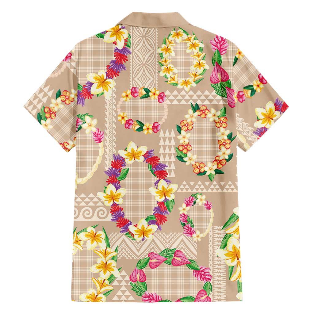 Hawaiian Kakau Tattoo Leis and Palaka Pattern Family Matching Off Shoulder Short Dress and Hawaiian Shirt Traditional Aloha Tribal Beige Color LT03 - Polynesian Pride