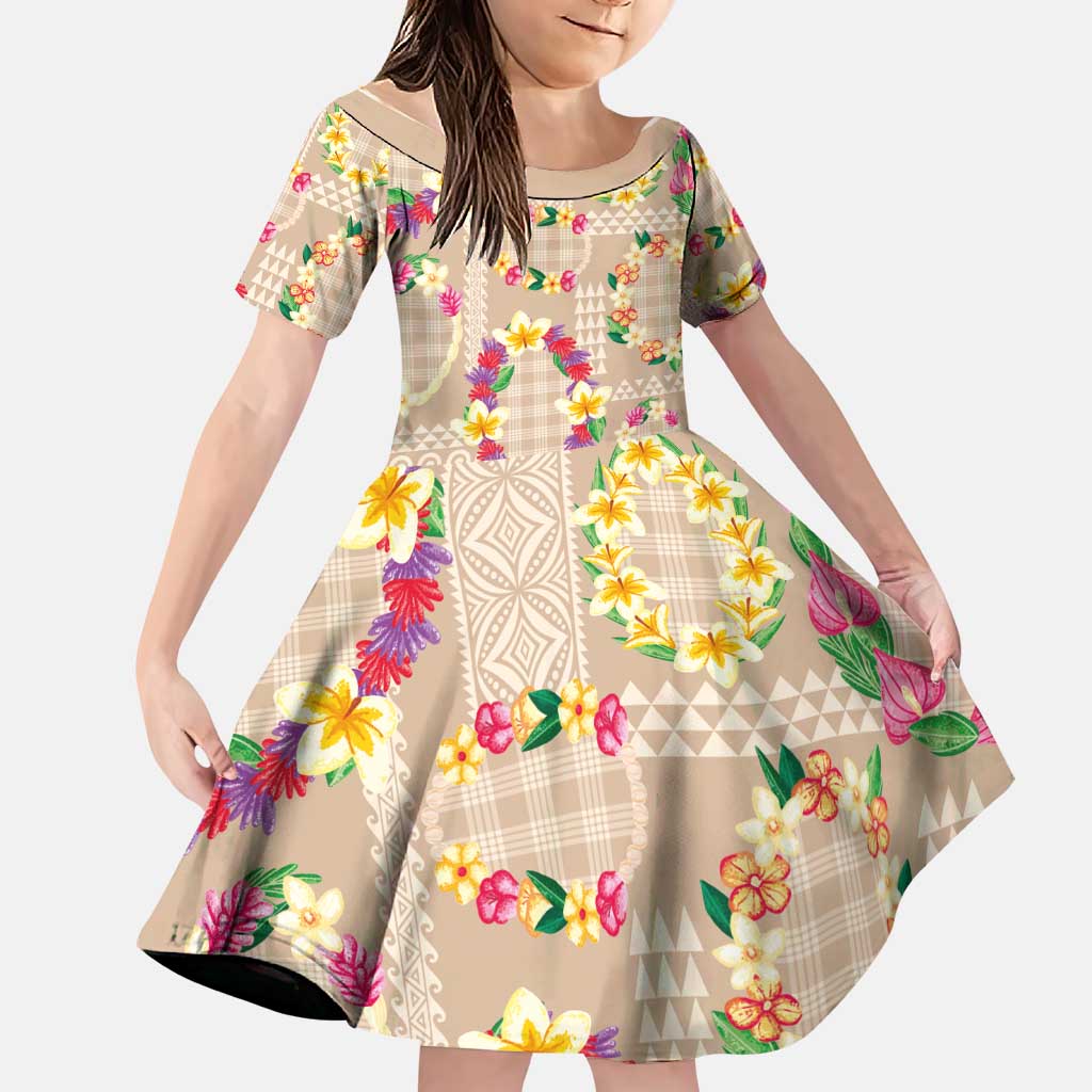 Hawaiian Kakau Tattoo Leis and Palaka Pattern Family Matching Short Sleeve Bodycon Dress and Hawaiian Shirt Traditional Aloha Tribal Beige Color LT03 Daughter's Dress Beige - Polynesian Pride
