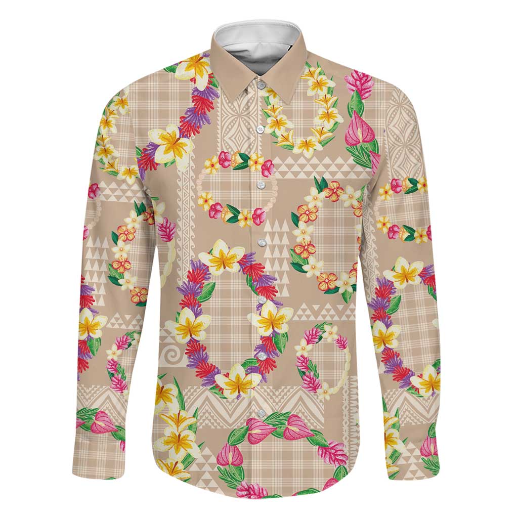 Hawaiian Kakau Tattoo Leis and Palaka Pattern Family Matching Short Sleeve Bodycon Dress and Hawaiian Shirt Traditional Aloha Tribal Beige Color LT03 Dad's Shirt - Long Sleeve Beige - Polynesian Pride