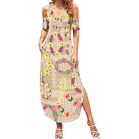 Hawaiian Kakau Tattoo Leis and Palaka Pattern Family Matching Summer Maxi Dress and Hawaiian Shirt Traditional Aloha Tribal Beige Color LT03 Mom's Dress Beige - Polynesian Pride
