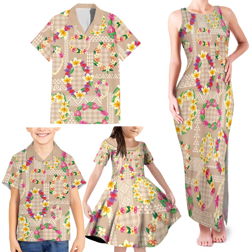 Hawaiian Kakau Tattoo Leis and Palaka Pattern Family Matching Tank Maxi Dress and Hawaiian Shirt Traditional Aloha Tribal Beige Color