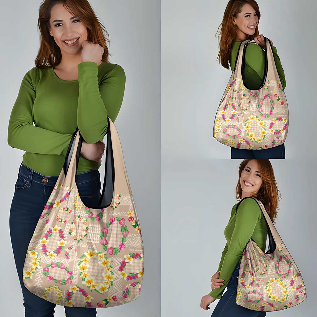 Hawaiian Kakau Tattoo Leis and Palaka Pattern Grocery Bag Traditional Aloha Tribal Beige Color LT03 - Polynesian Pride
