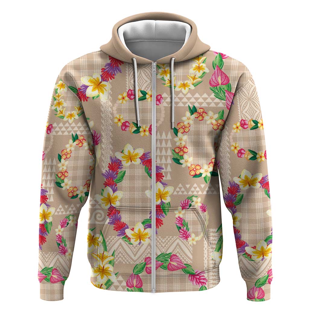 Hawaiian Kakau Tattoo Leis and Palaka Pattern Hoodie Traditional Aloha Tribal Beige Color LT03 Zip Hoodie Beige - Polynesian Pride