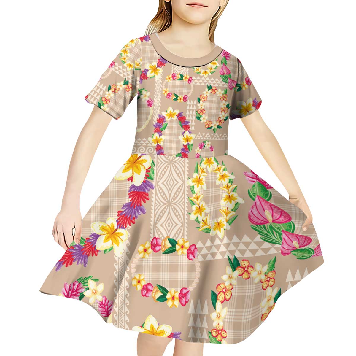 Hawaiian Kakau Tattoo Leis and Palaka Pattern Kid Short Sleeve Dress Traditional Aloha Tribal Beige Color LT03 - Polynesian Pride