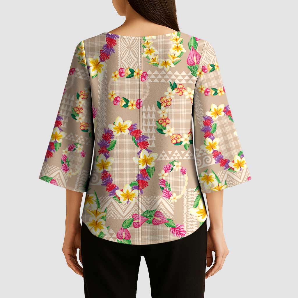 Hawaiian Kakau Tattoo Leis and Palaka Pattern Kimono Sleeve Blouse Traditional Aloha Tribal Beige Color LT03 - Polynesian Pride